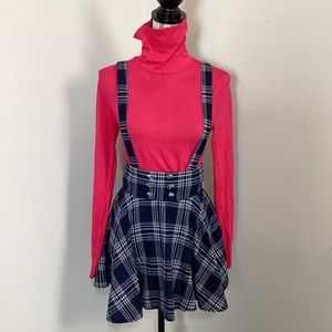 .130 Women’s NavyBlue White Plaid Jumper Mini Skirt Suspenders Crisscross Back